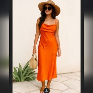 Orange Satin Silk Slip Maxi Dress Cowl Neck